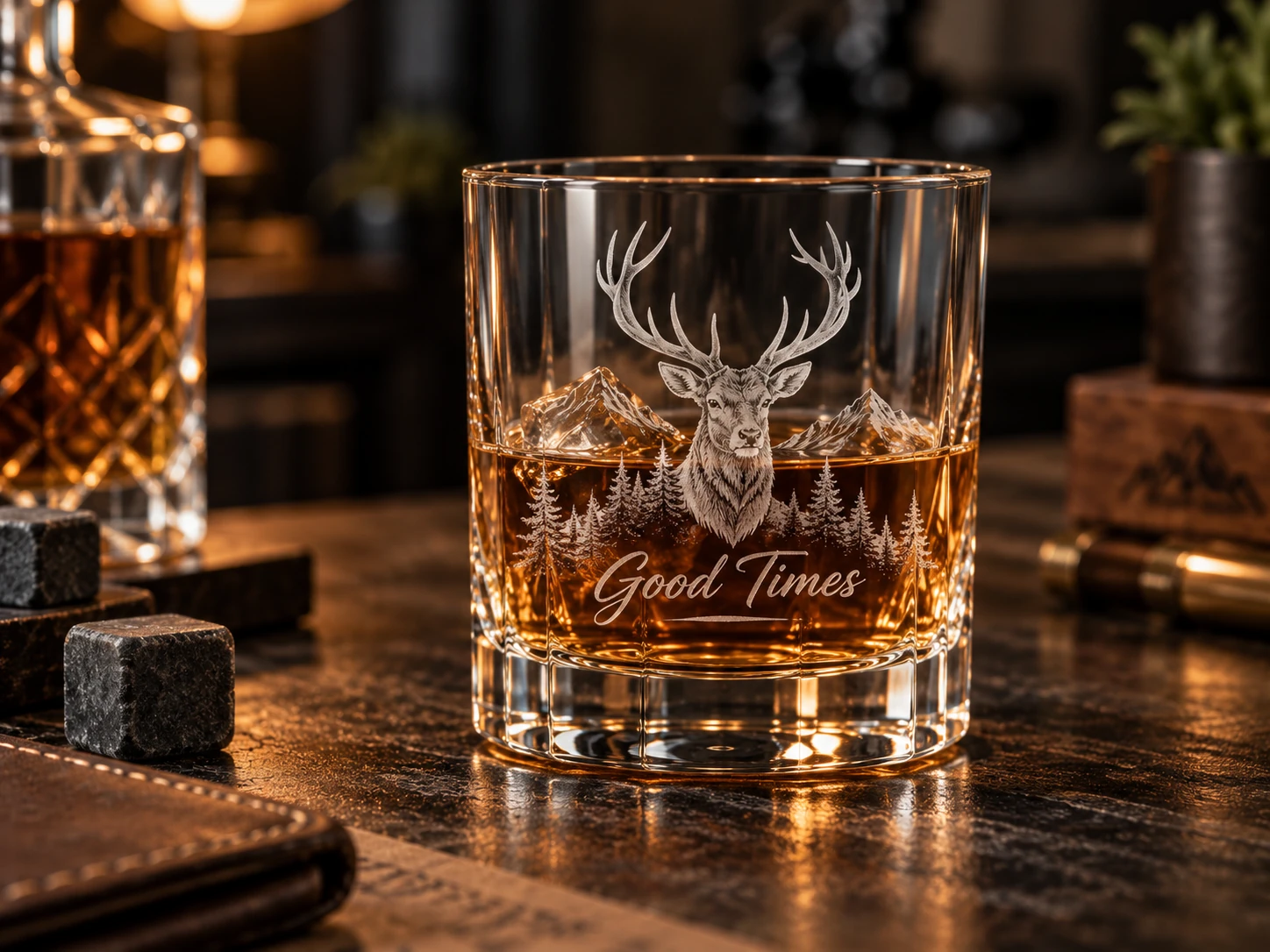Whiskyglas mit graviertem Hirsch, Bergmotiv und Good Times-Schriftzug
