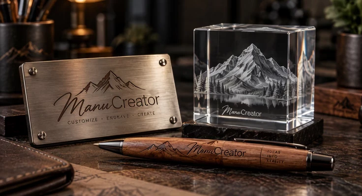 Graviertes ManuCreator-Metallschild, Kristall mit Berglandschaft und Holzstift auf einer Werkbank