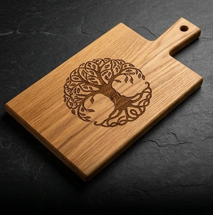 Holzbrett mit filigraner Lebensbaum-Gravur