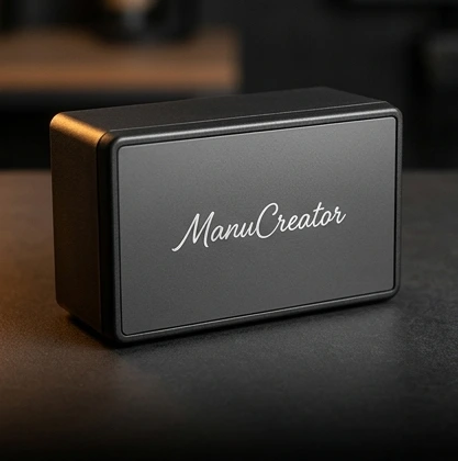 Dunkles Kunststoffgehäuse mit ManuCreator-Gravur